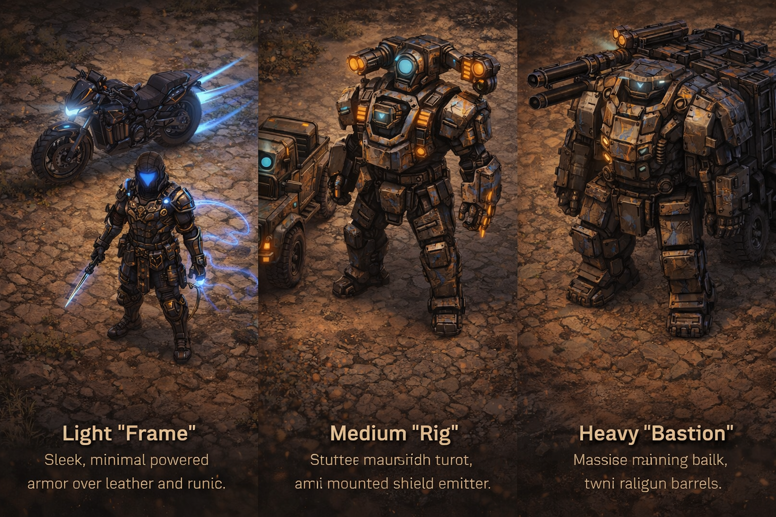 Three exoskeleton classes: Light Frame, Medium Rig, and Heavy Bastion
