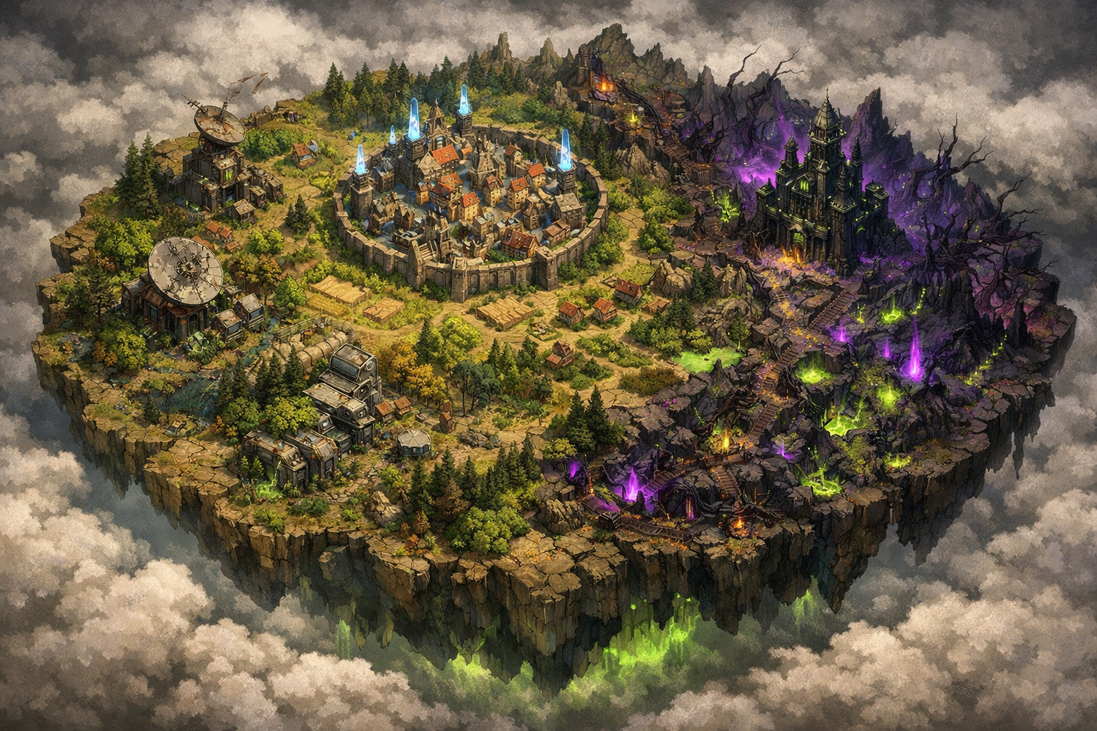 Precursor ruins glowing on floating islands surrounded by medieval settlements